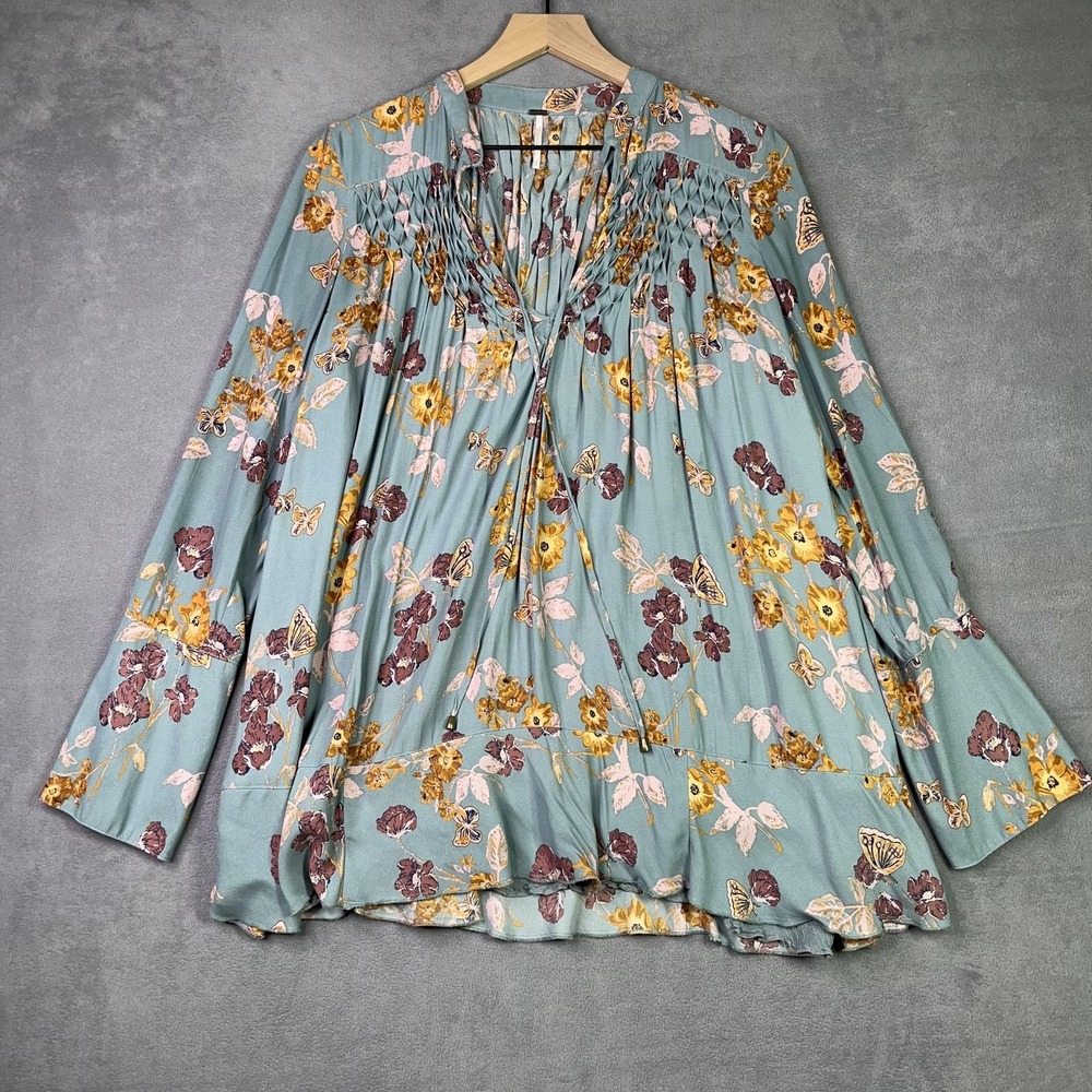 Free People Blouse Womens Small Blue‎ Floral Butterfly Whimsigoth Boho Fairycore